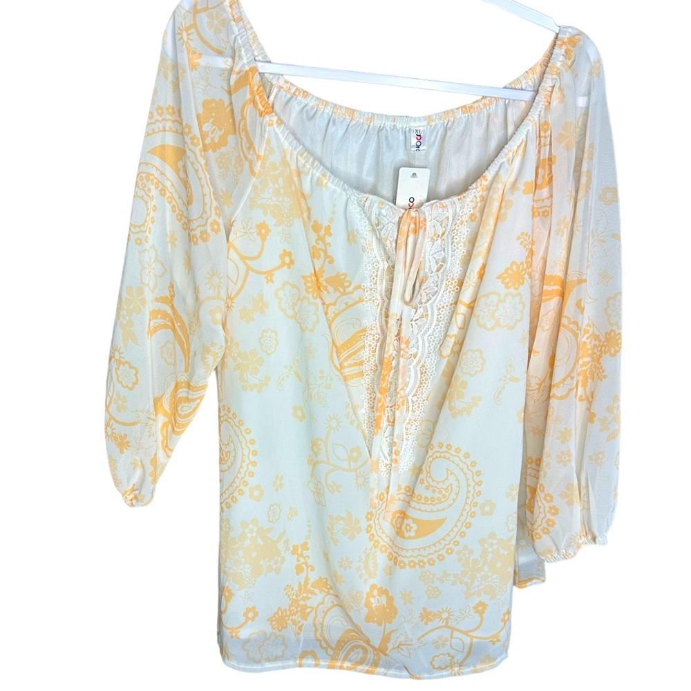 Stitch Fix Yellow & White Boho Lace Tie Peasant Blouse Top | Size XL NWT